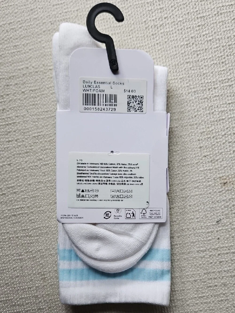 lululemon athletica White Crew Socks with Light Blue Stripes